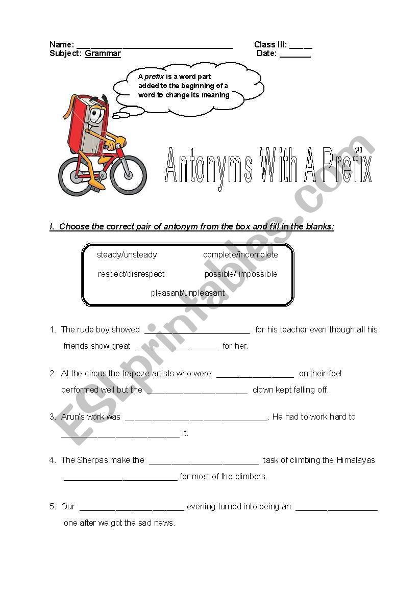 Antonyms with prefix worksheet