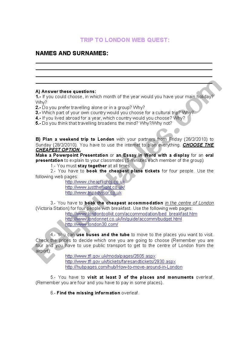 LONDON WEB QUEST worksheet