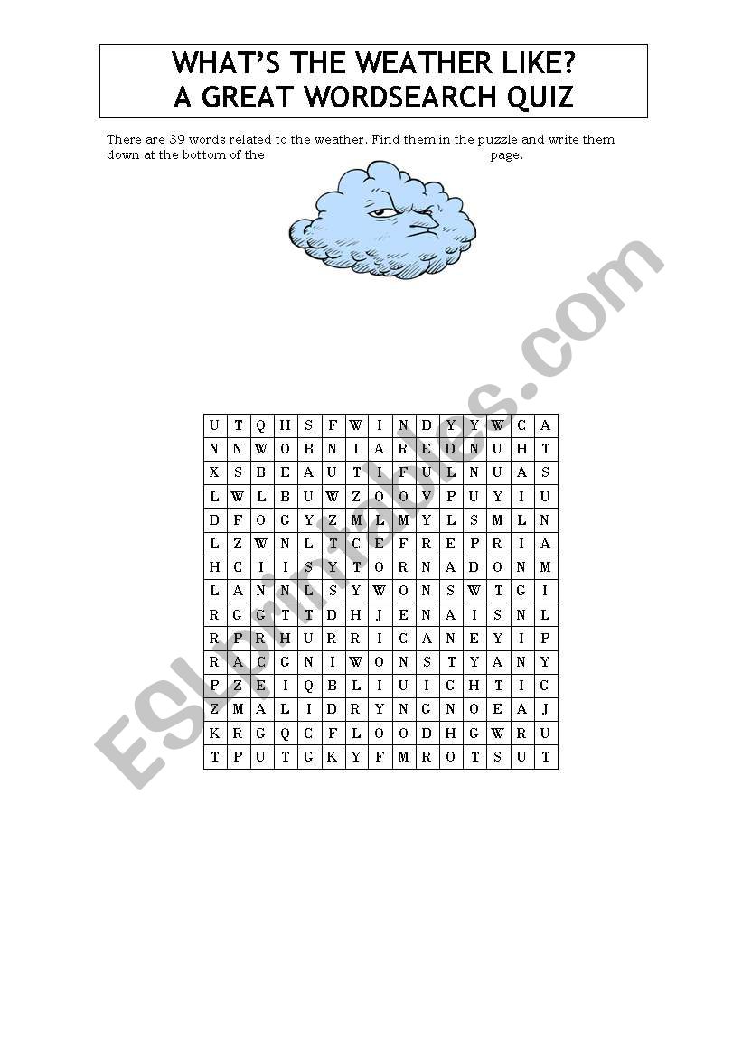 Weather wordsearch worksheet