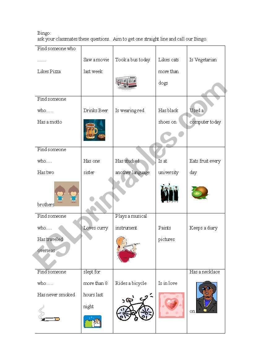 find someone who bingo worksheet