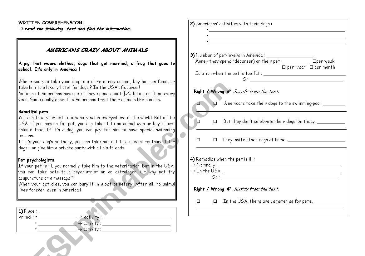 AMERICANS CRAZY ABOUT ANIMALS worksheet