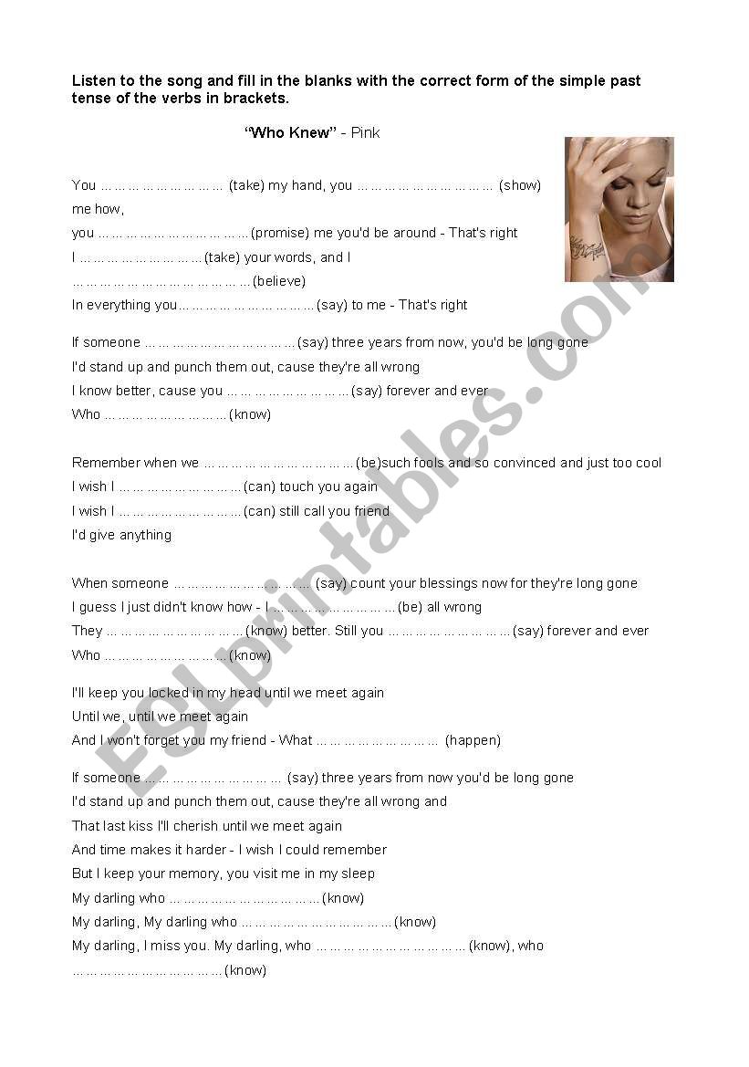 song - who knew worksheet