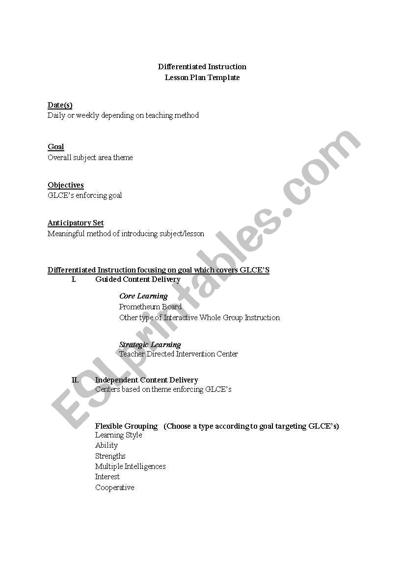 Differentiated Intruction worksheet