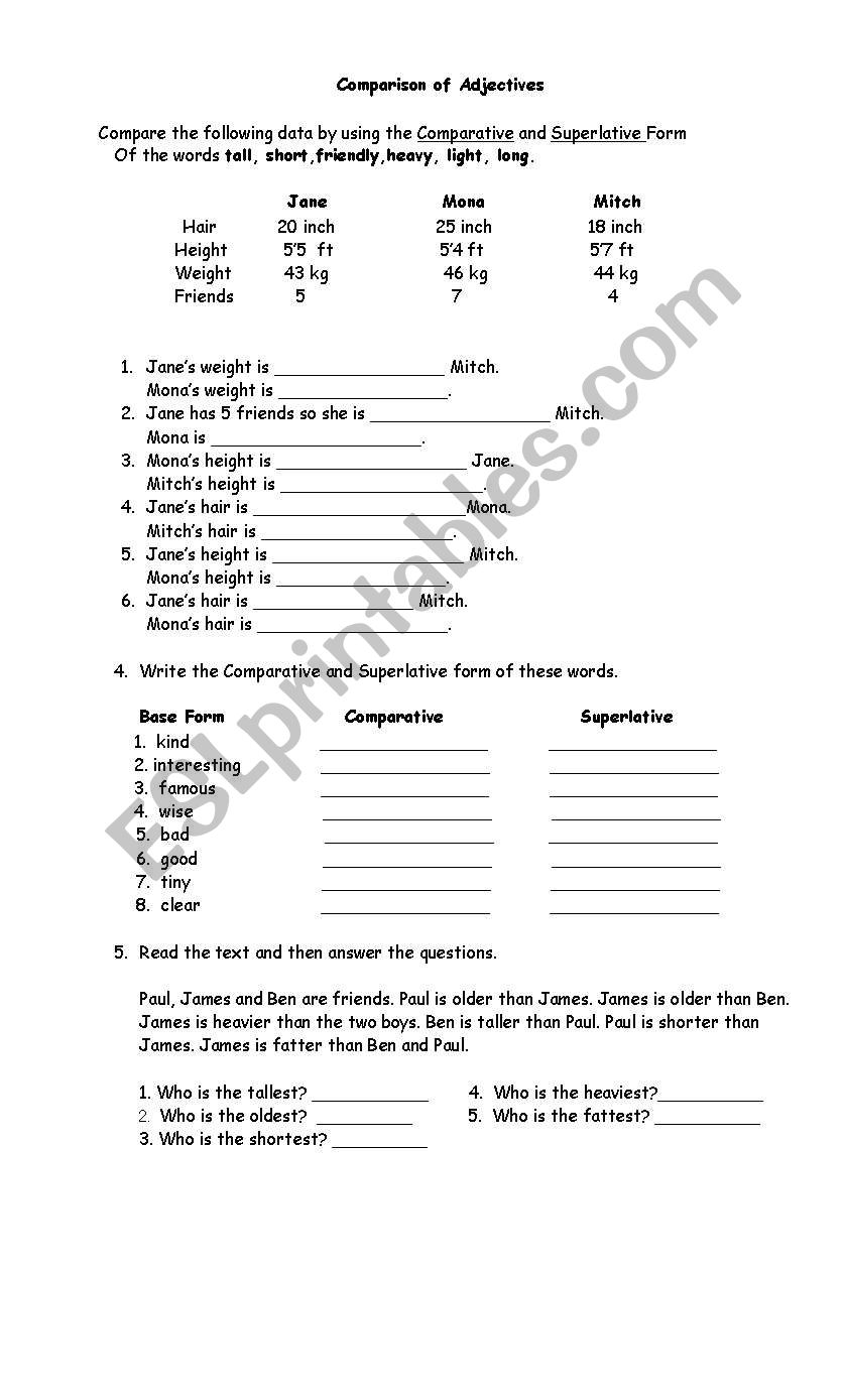 Comparison of Adjectives worksheet