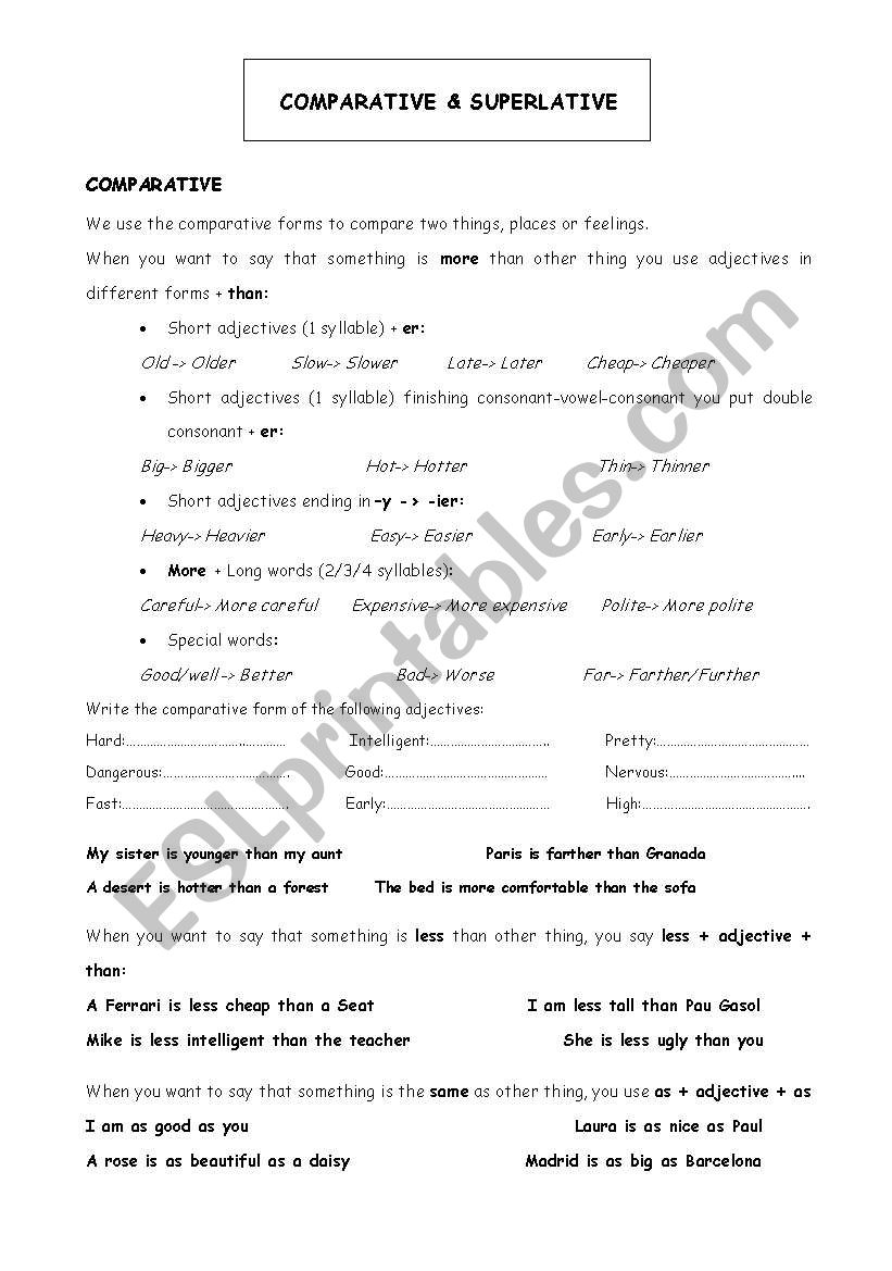 Comparative and superlative worksheet