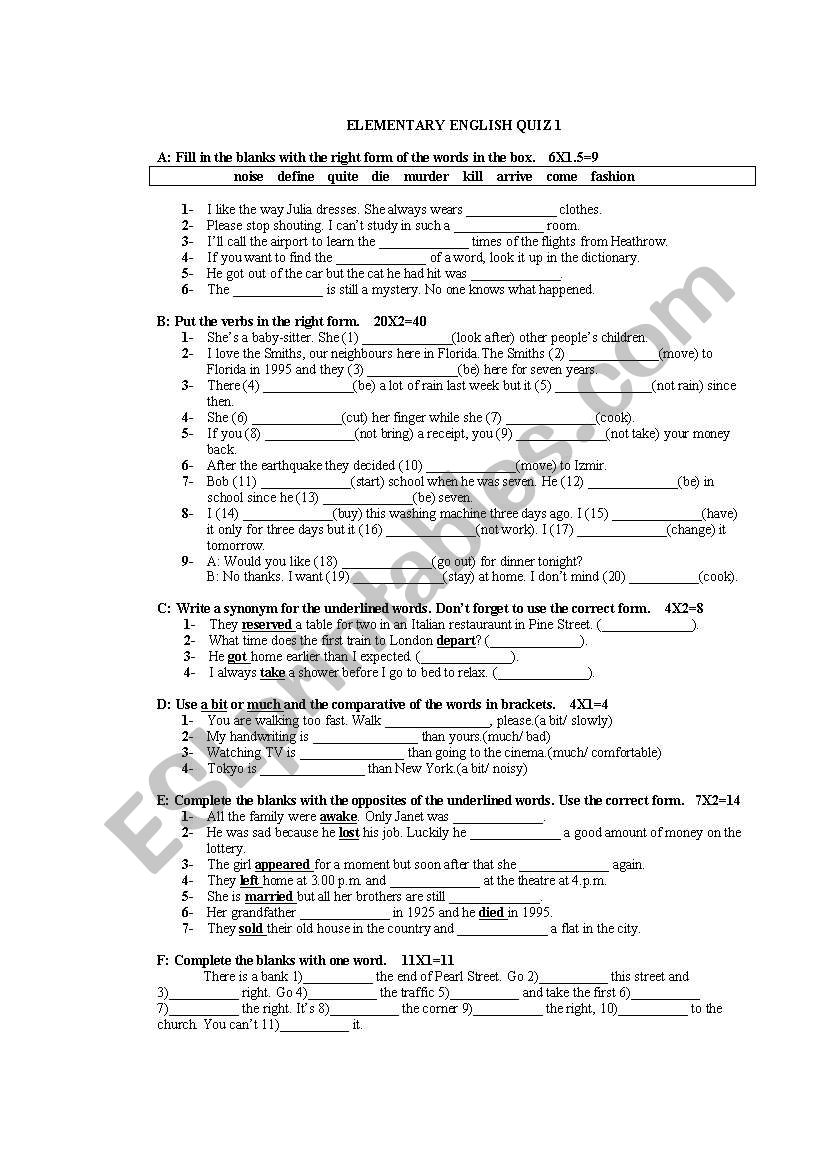 Elementary Englisg Quiz 1 worksheet