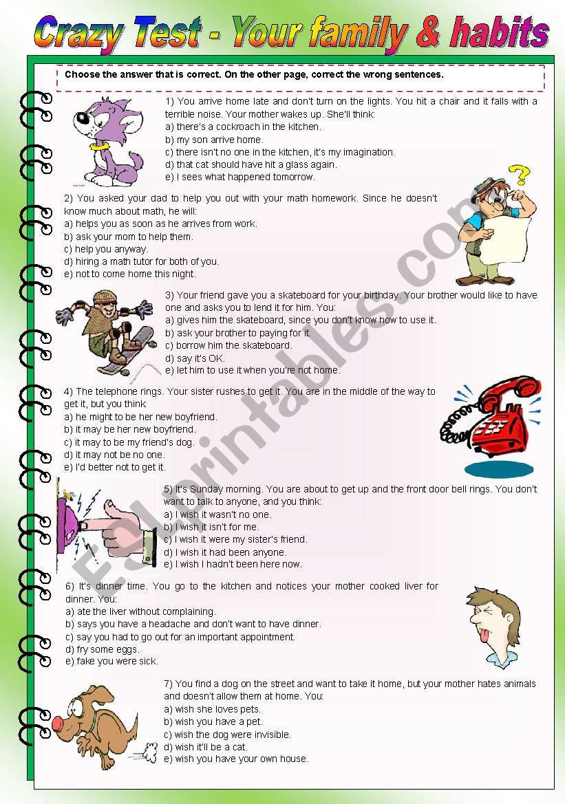 Crazy test - family & habits - 3 pages - conversation, mistakes correction, writing (fully editable)