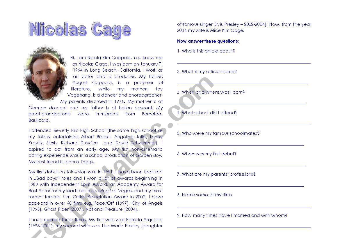 Reading about famous people - Nicholas Cage