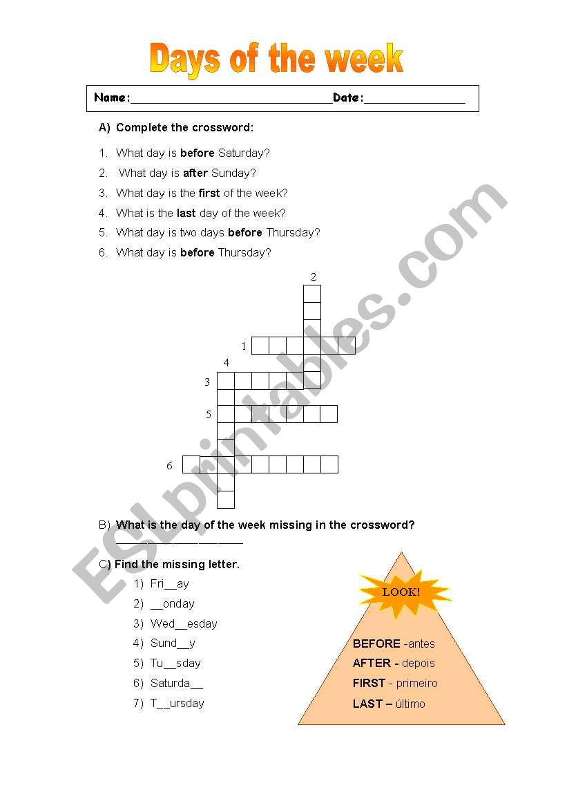 Days of the week worksheet