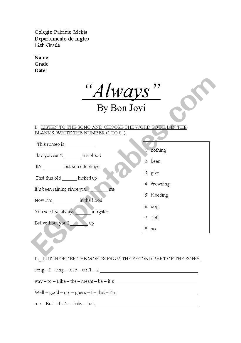 Song worksheet