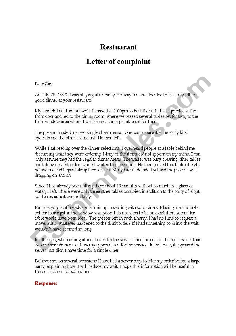 letter of complaint at the restuarant