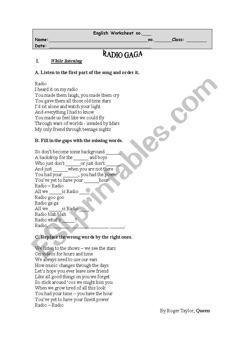 Radio Ga Ga worksheet