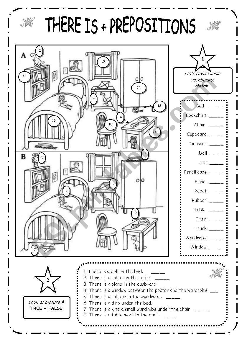 There is + prepositions – B&W - EDITABLE - ESL worksheet by Vivi Quir