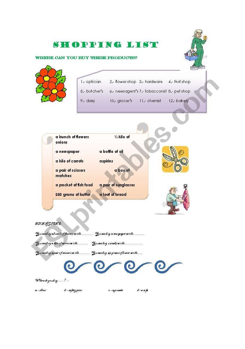 Shopping list worksheet