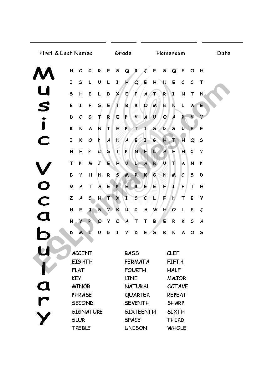Music Vocabulary Word Search worksheet
