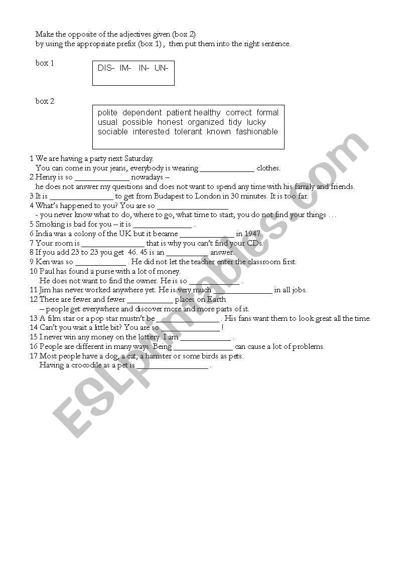 Prefixes dis- im- in- un- worksheet