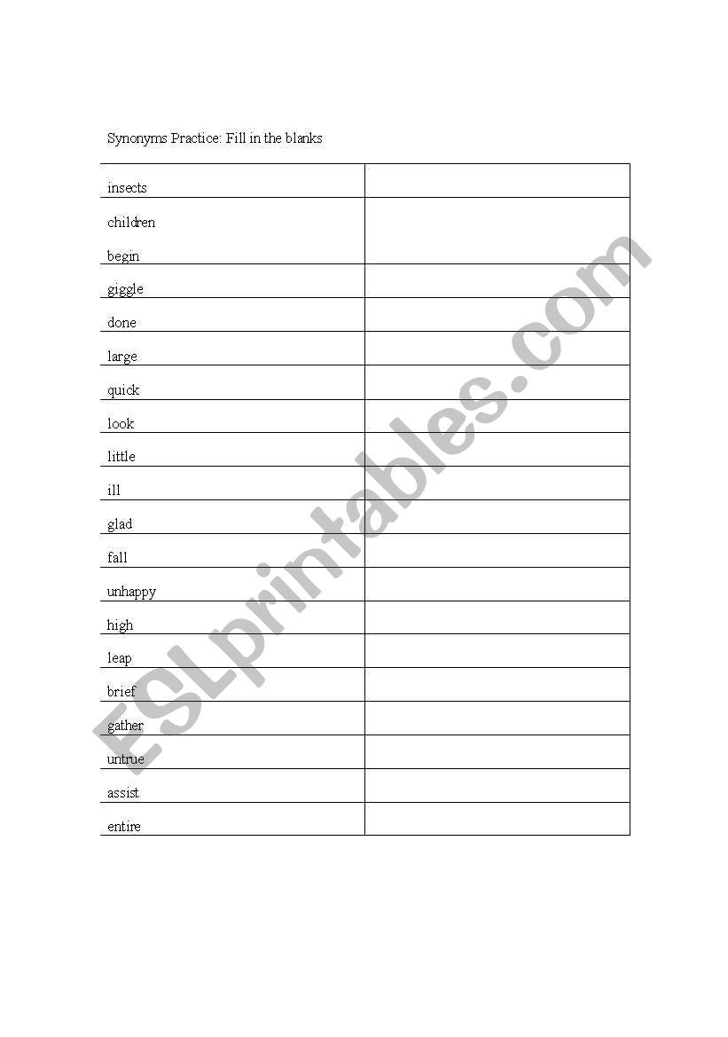 synoymns practice  worksheet