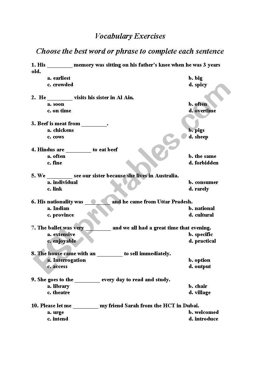General Service List Exercise worksheet