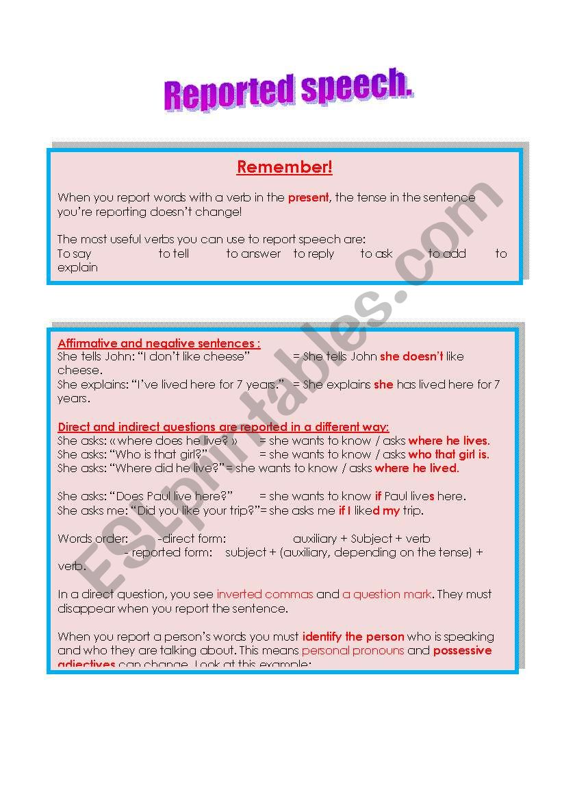 reported speech worksheet