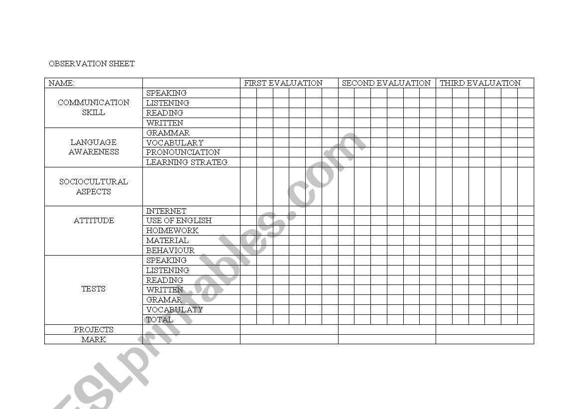 OBSERVATION SHEET worksheet