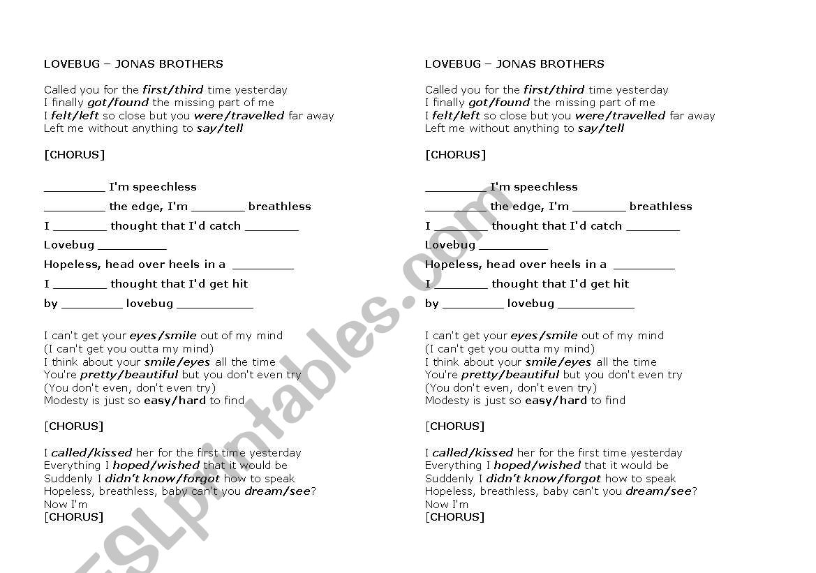 LOVEBUG-JONAS BROTHERS worksheet