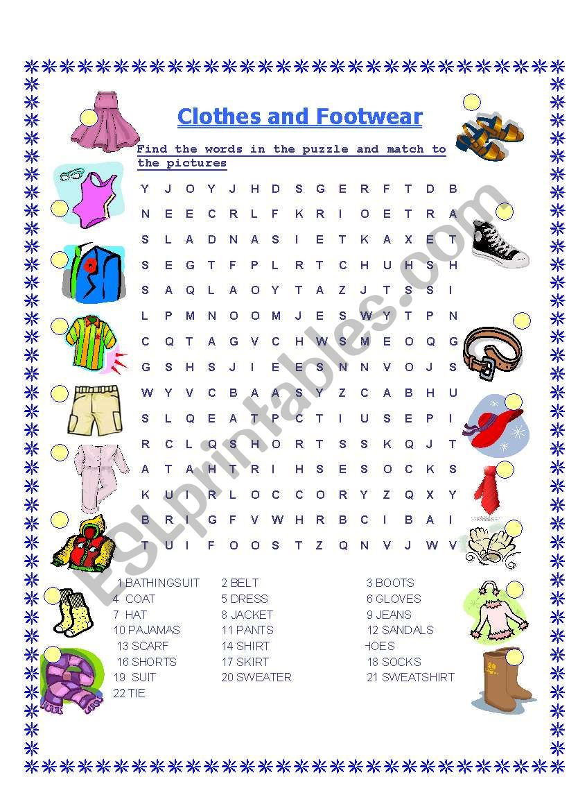 Clothes & Footwear Wordsearch + KEY