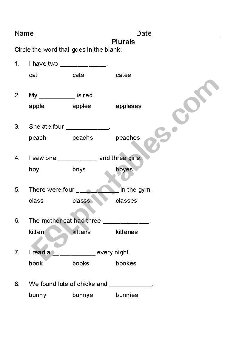 English Worksheets Plurals Sentences