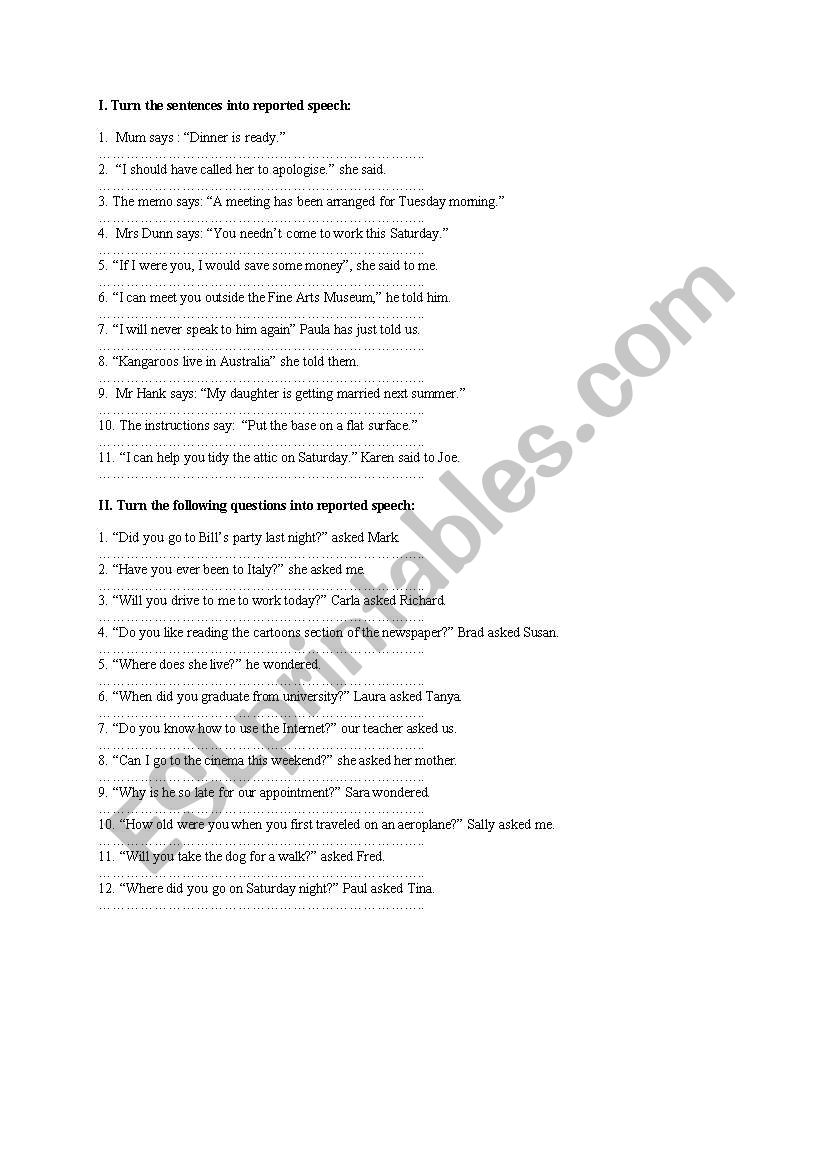 Reported speech worksheet