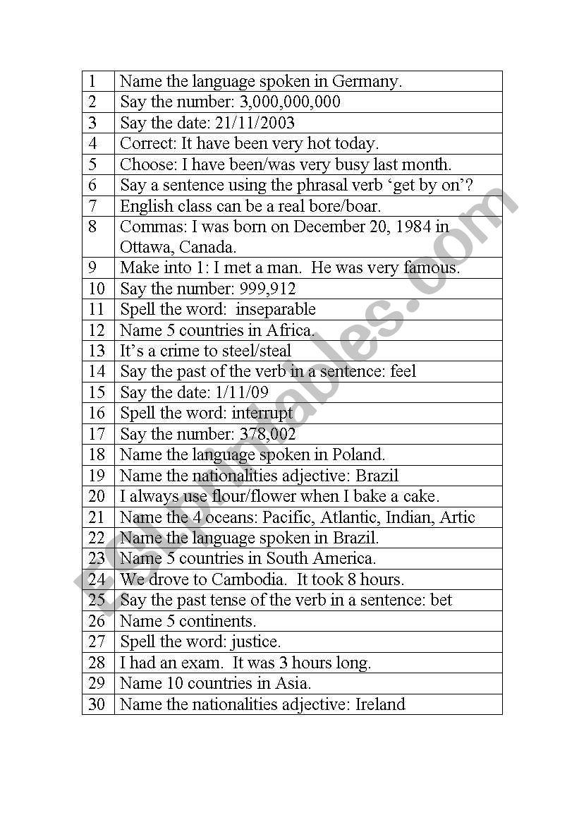  30 questions worksheet