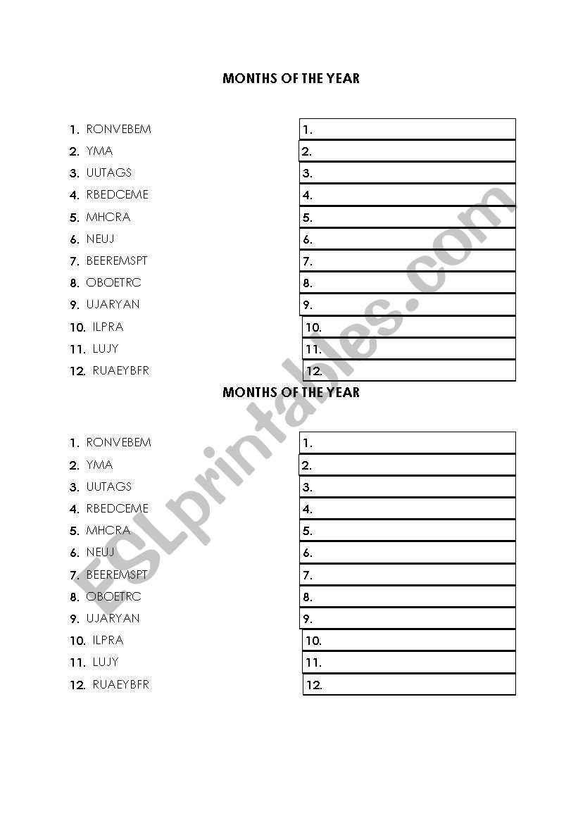 Months worksheet