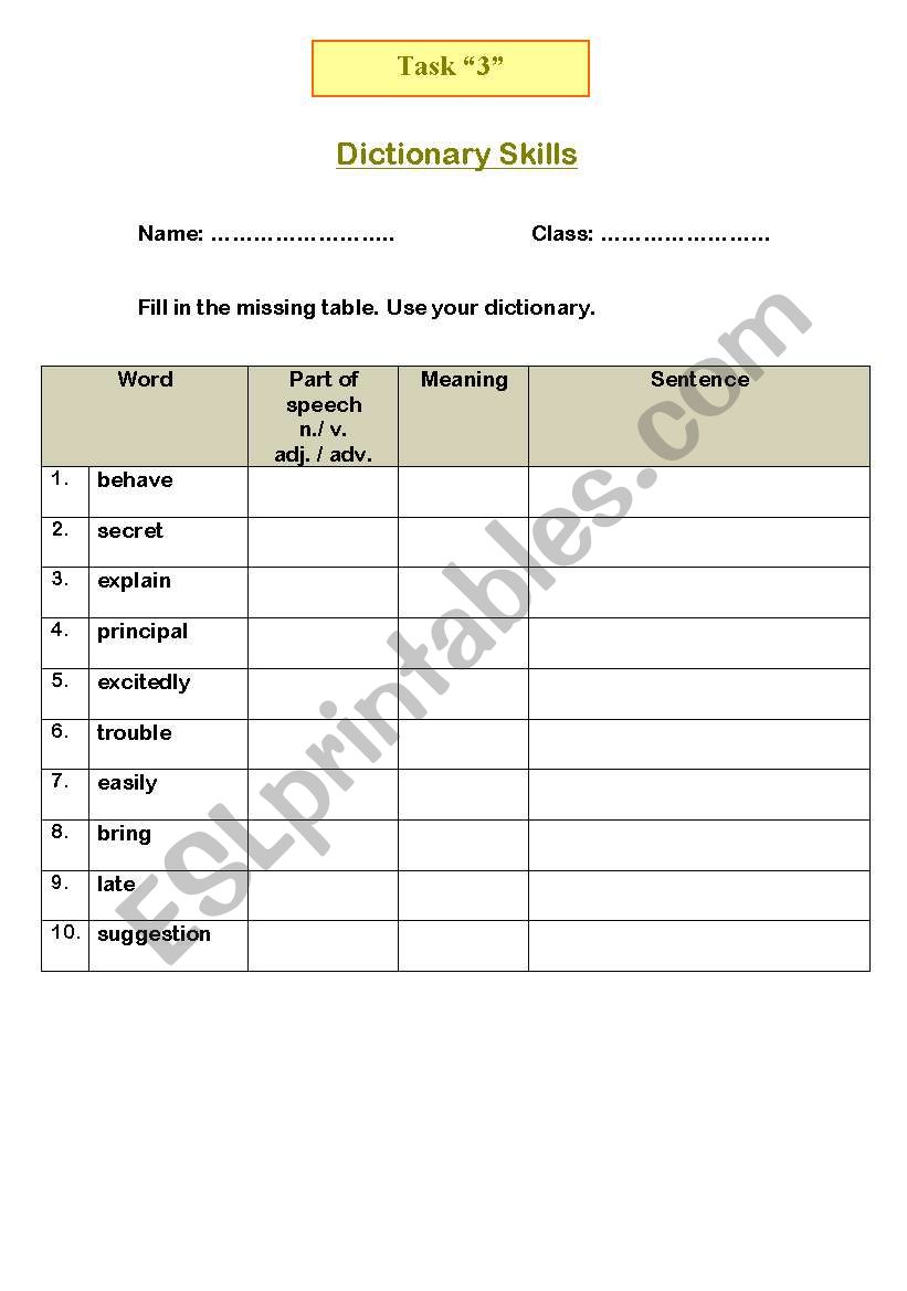 Dictionary skills worksheet