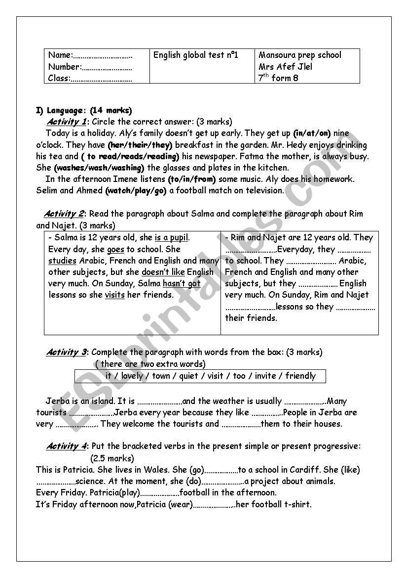 global test n1 worksheet