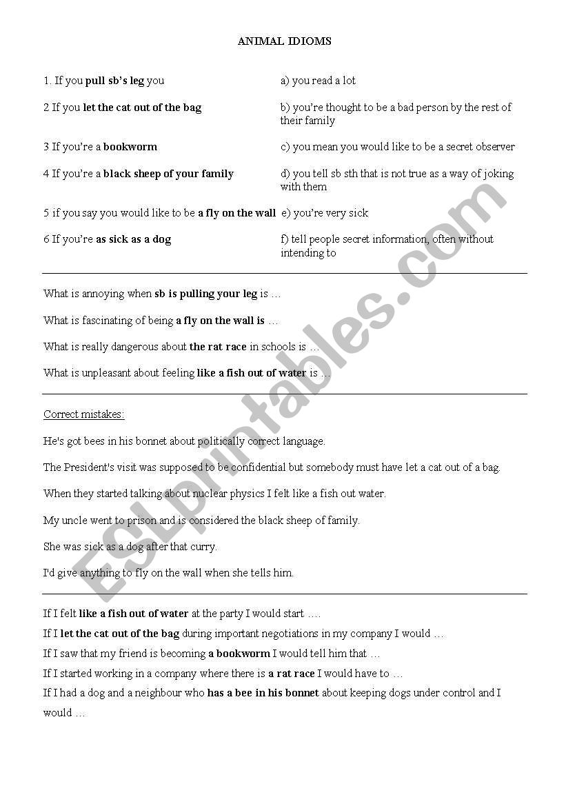 Animal idioms - exercises worksheet