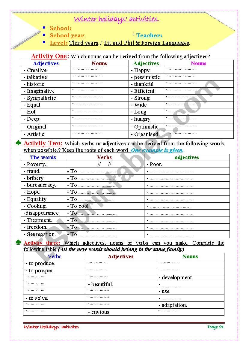 Holidays activities worksheet