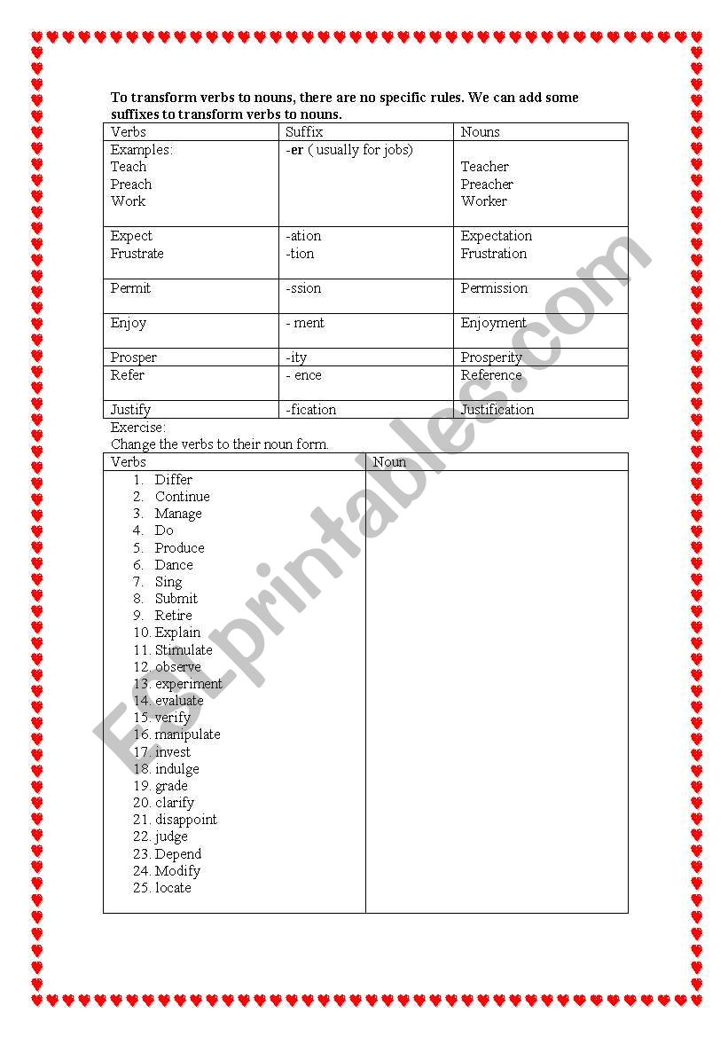 transform verbs to nouns worksheet