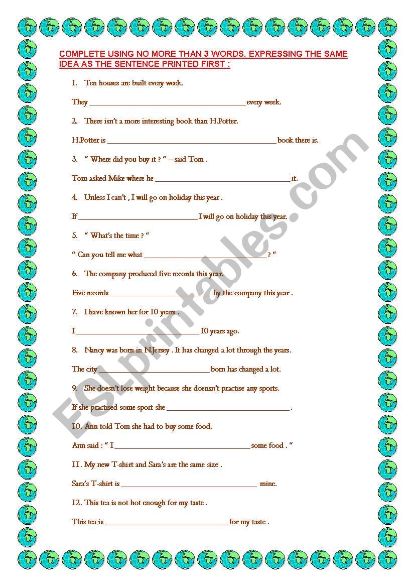 Rewriting for PET exam worksheet