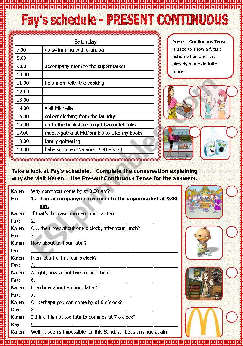 Fays schedule - Present Continuous Tense   - B/W included