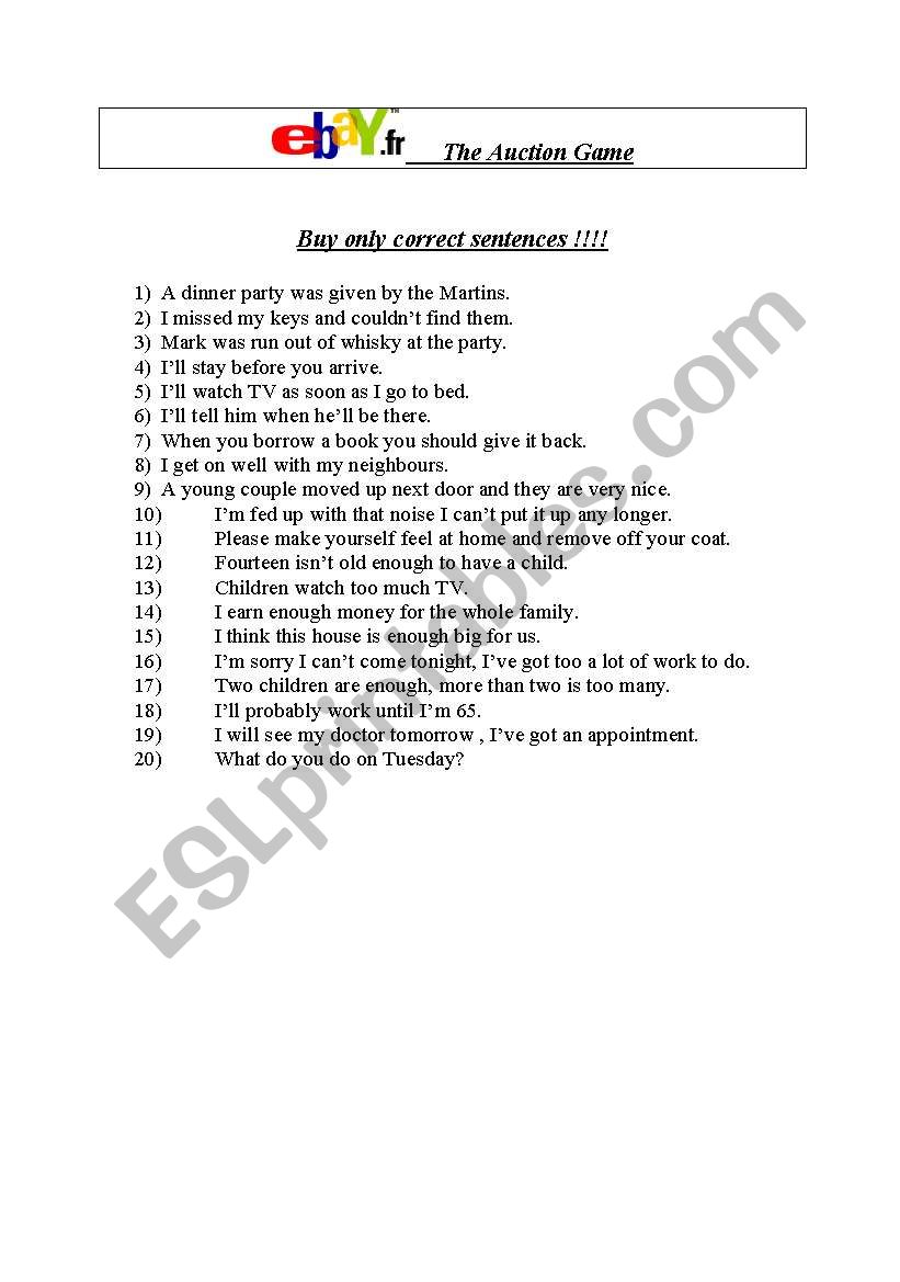 auction sheet with key worksheet