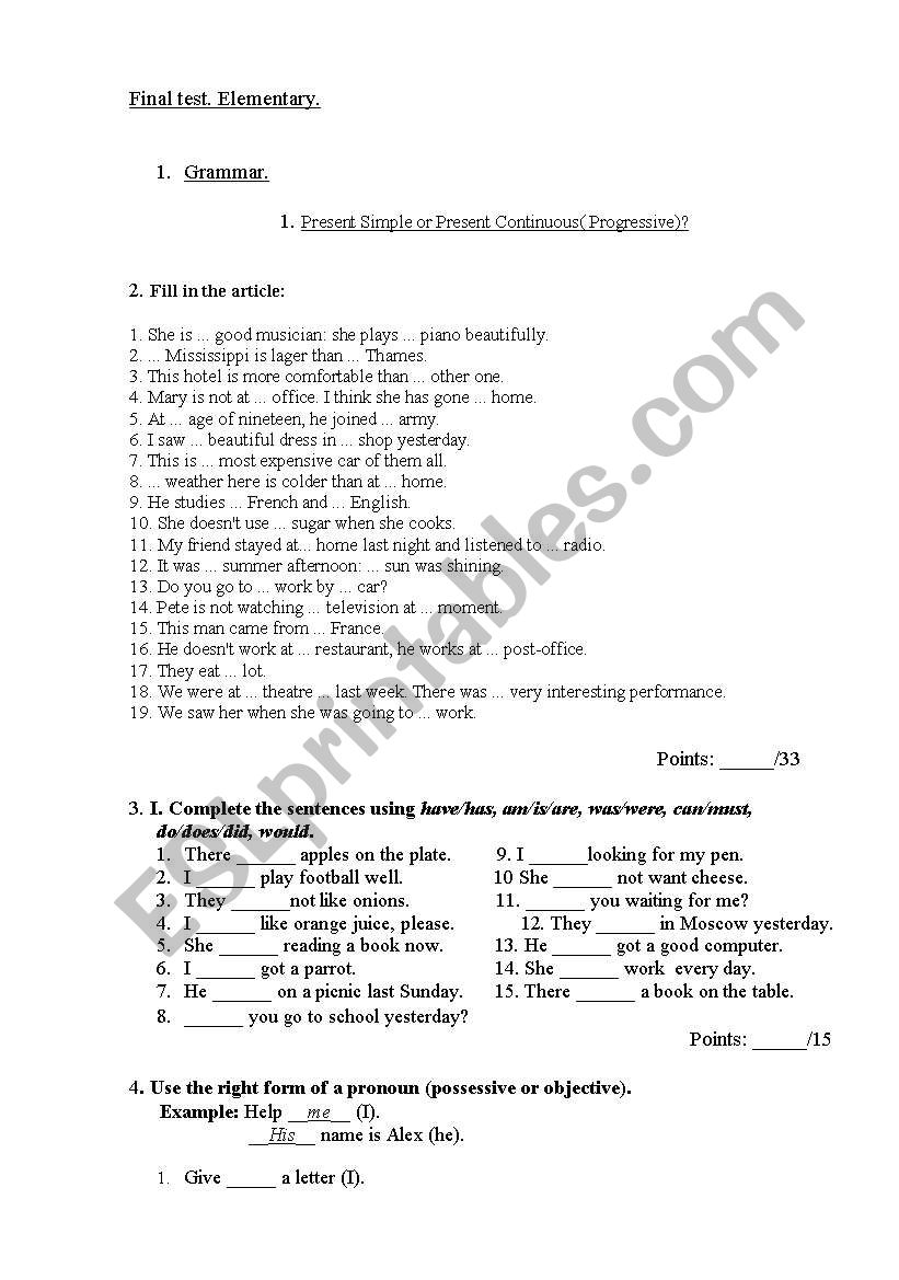 final test elementary - 3 pages