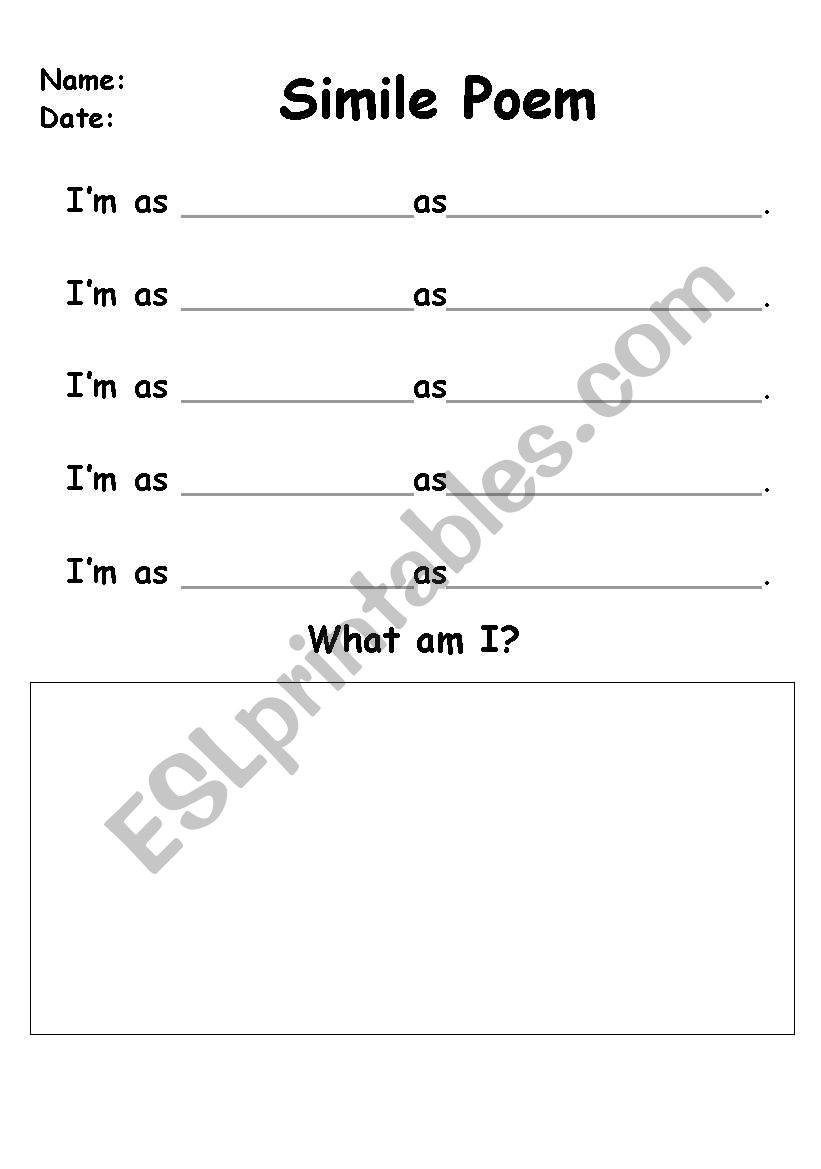 Write a simile poem worksheet