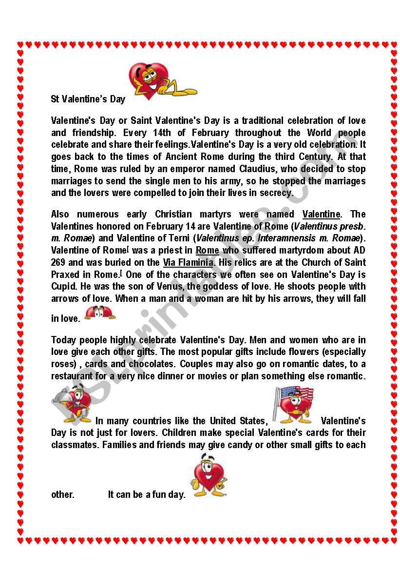 St Valentine´s Facts read, complete, wordsearch 2 pages