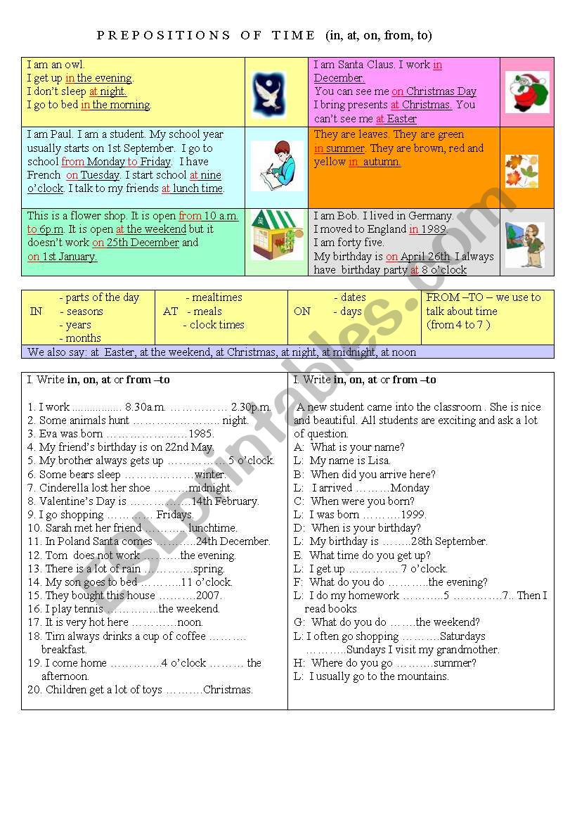 Prepositions of time worksheet