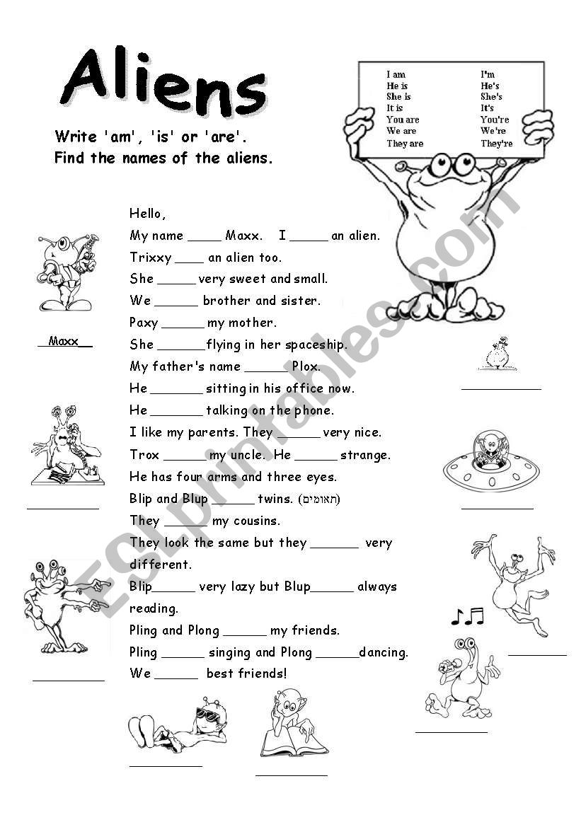 the verb to be with aliens worksheet