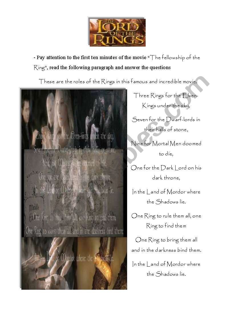 Movie Trailer: The Lord of The Rings The Fellowship of the Ring - ESL  worksheet by Fabione