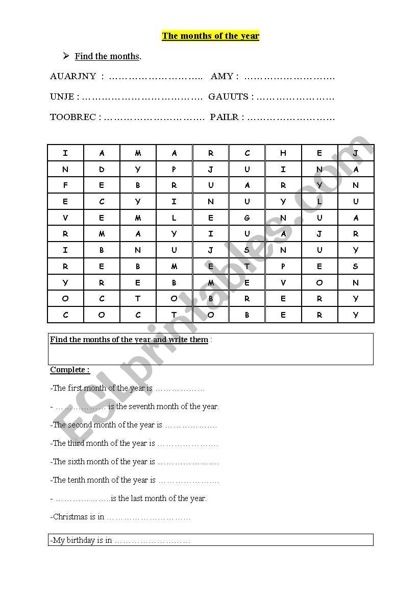 The months worksheet