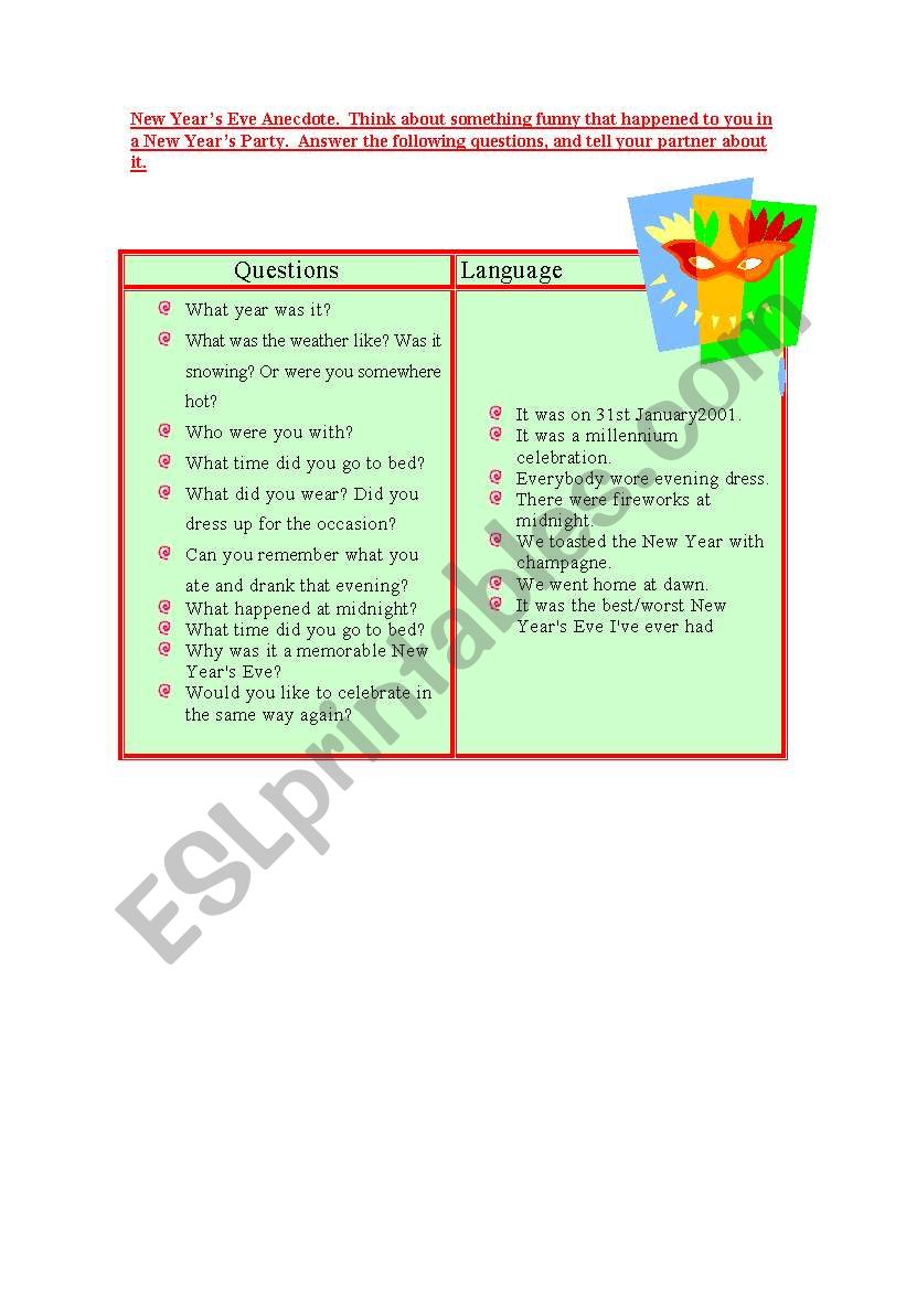 New Years Eve Anecdote worksheet