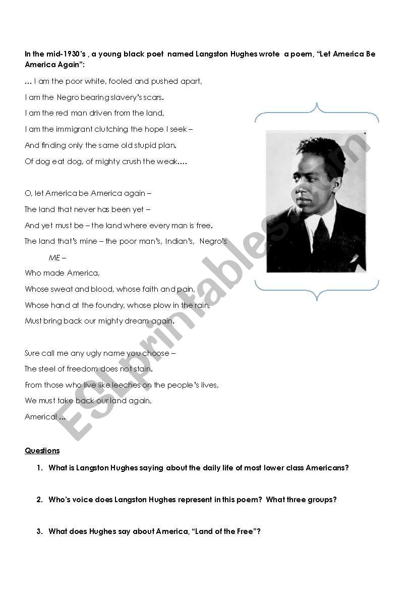 1930s Langston Hughes Poem worksheet