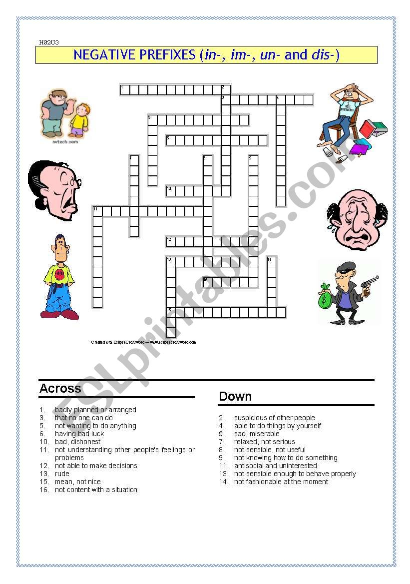 Crossword: Negative prefixes worksheet