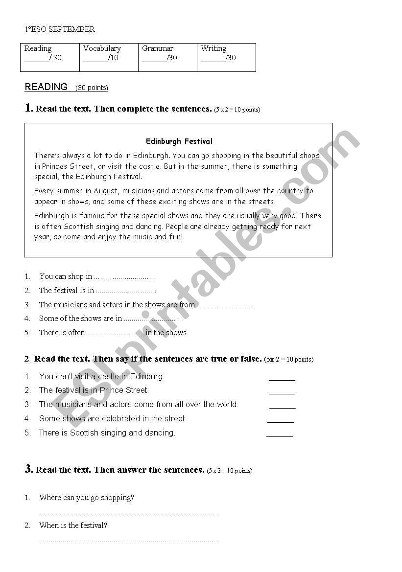 september 1eso exam worksheet