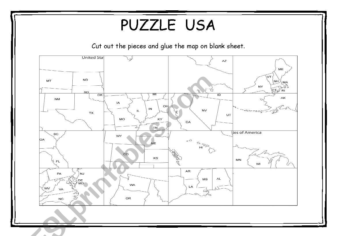 Puzzle - Map of USA + key worksheet